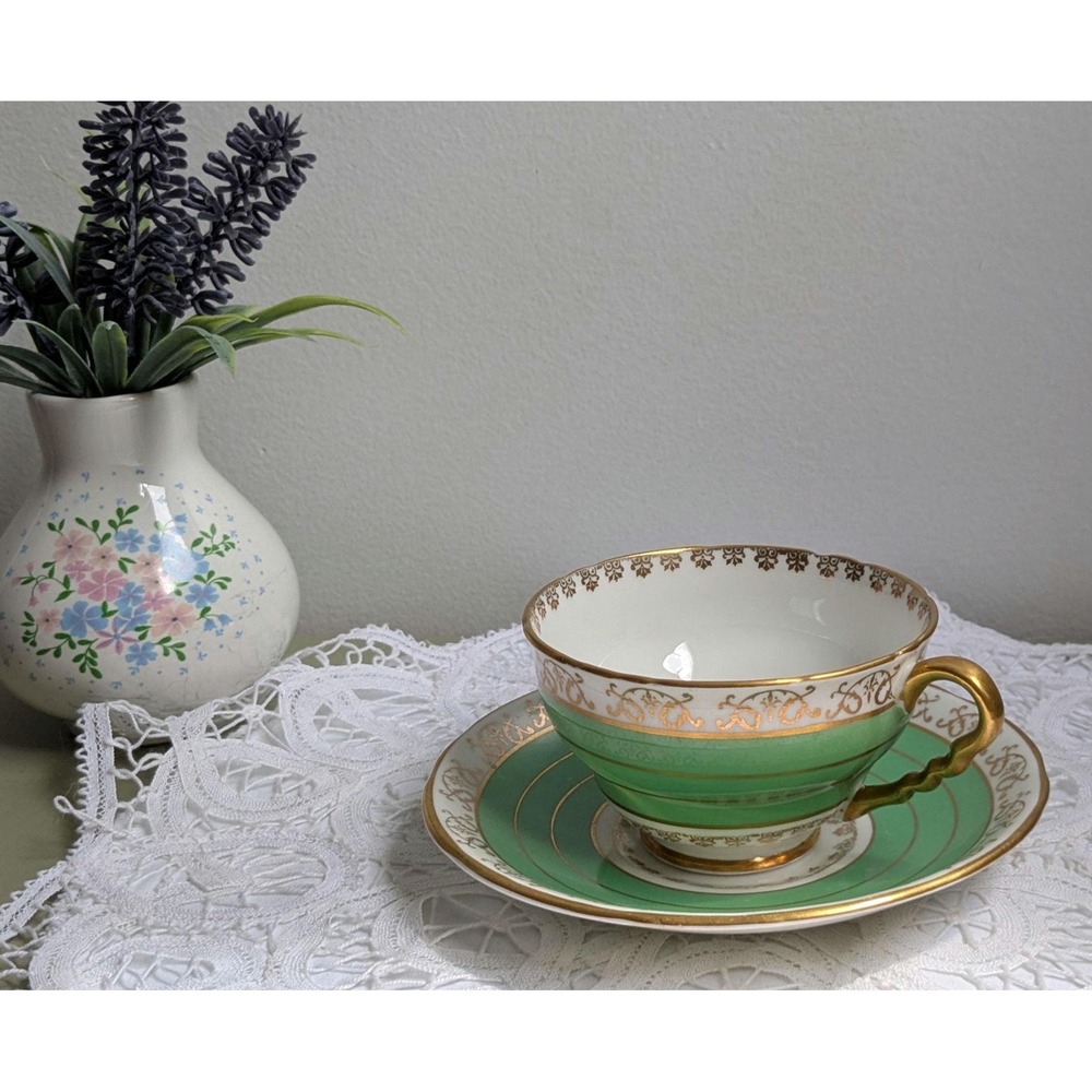 Royal Stafford Bone China Teacup and Saucer Green Gold Trim England Vintage Tea